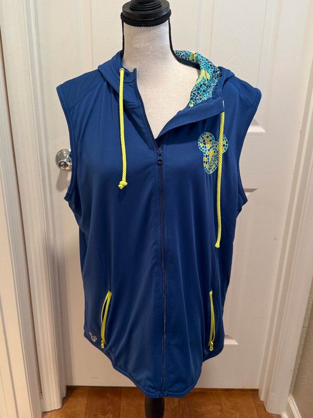 Navy Blue Sleeveless Zip Hoodie with Neon Accents
